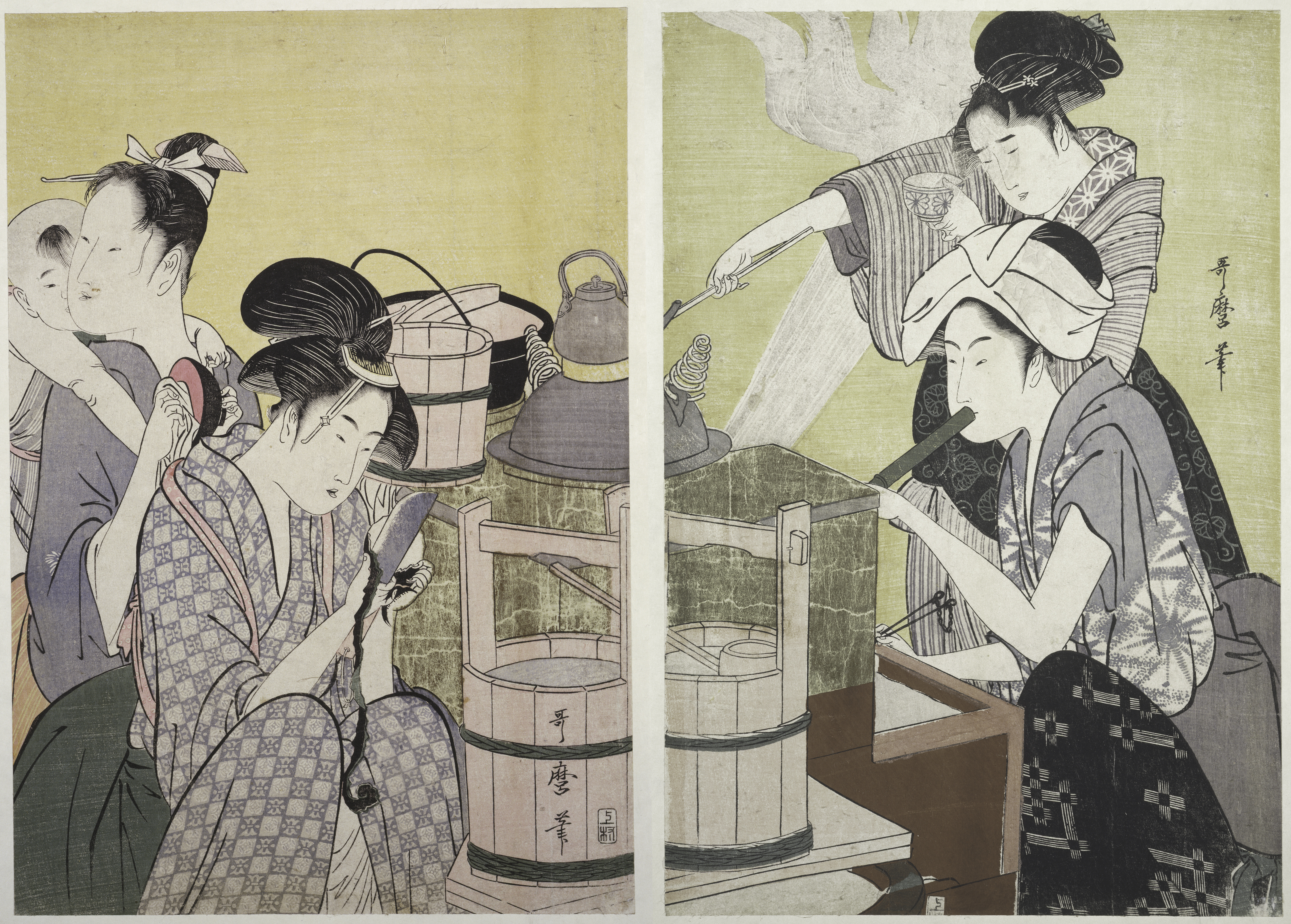 (裁切) 喜多川歌麿，《台所》，約1773-1806年。浮世繪木刻版畫。（紐約公共圖書館藏）