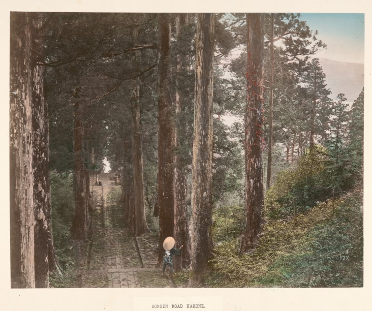 日下部金兵衛，《箱根古道権現坂》，1880-1899年。蛋白相紙手工上色。（紐約公共圖書館藏）